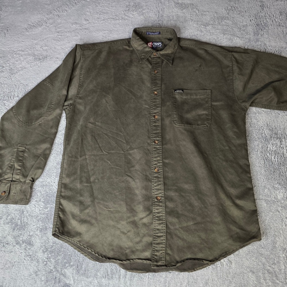 Chaps Ralph Lauren Mens L Button Down Shirt Olive Green Elbow Patch Faux Suede